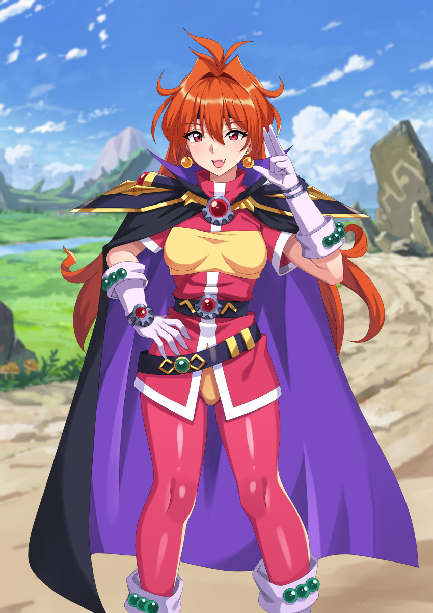 absurdres armor black_headband boots cape circlet earrings gloves headband highres hraf8mvqvxzvago jewelry lina_inverse long_hair looking_at_viewer open_mouth orange_hair pants red_eyes red_pants redhead shoulder_armor slayers