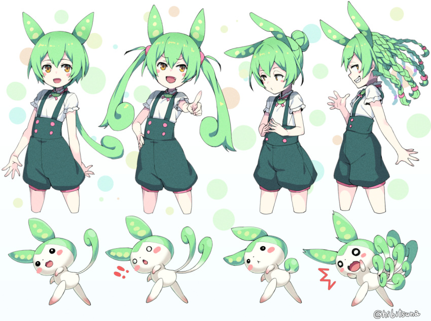 ! !! 1girl ^^^ alternate_hairstyle alternate_tail averting_eyes blush_stickers braid commentary_request creature creature_and_personification cropped_legs extra_tails fang green_brooch green_hair green_shorts hair_bun hair_ribbon hand_on_own_hip hibi_tsuna looking_at_viewer looking_to_the_side low_ponytail multiple_braids multiple_views open_mouth pink_ribbon pointing pointing_at_viewer profile puffy_shorts ribbon sharp_teeth shirt short_sleeves shorts smile steepled_fingers suspender_shorts suspenders teeth twintails v-shaped_eyebrows variations voiceroid voicevox waving white_shirt yellow_eyes zundamon