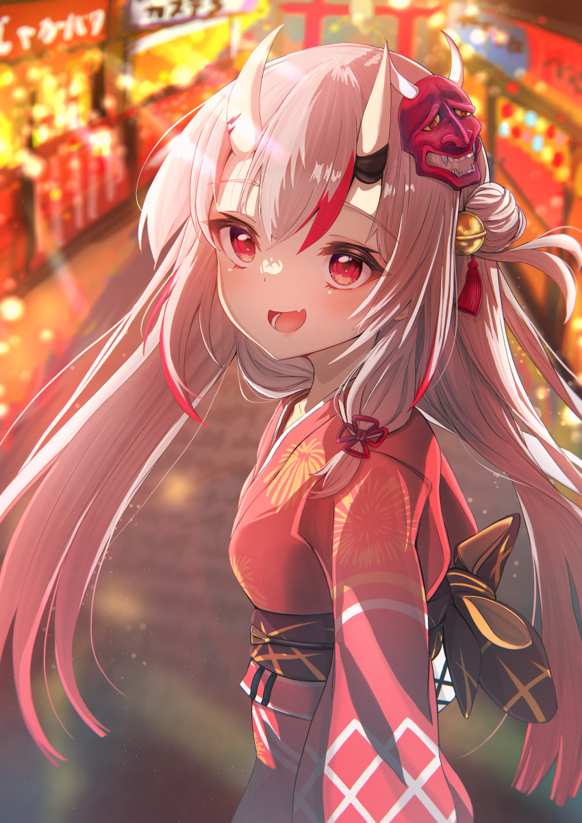 1girl :d absurdres bell breasts fang festival food_stand grey_hair hair_between_eyes hair_ornament highres hololive horns japanese_clothes kimono looking_at_viewer mask multicolored_hair nakiri_ayame oni_horns oni_mask red_eyes red_kimono redhead skin-covered_horns skin_fang small_breasts smile streaked_hair terra_bose virtual_youtuber yukata