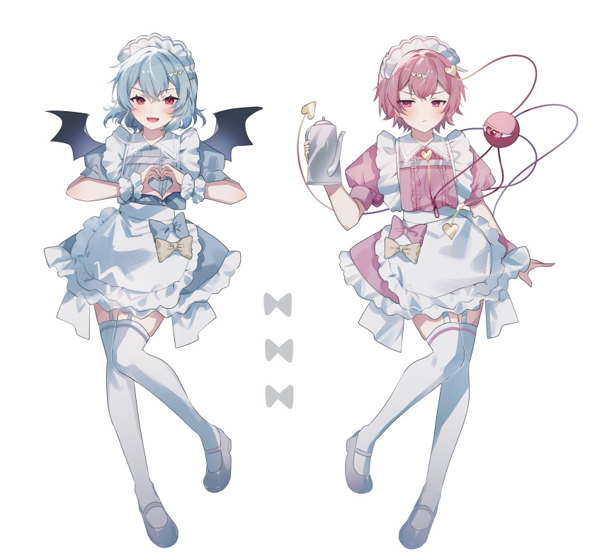 2girls :d absurdres alternate_costume apron bat_wings blue_bow blue_dress blue_hair blush bow closed_mouth commentary_request dress enmaided frilled_apron frills full_body garter_straps grey_footwear hair_ornament hairclip heart heart_hair_ornament heart_hands highres holding holding_teapot komeiji_satori looking_at_viewer maid maid_apron maid_headdress mary_janes multiple_girls pink_dress pink_eyes pink_hair puffy_short_sleeves puffy_sleeves red_eyes remilia_scarlet shoes short_hair short_sleeves simple_background smile sorani_(kaeru0768) teapot thigh-highs third_eye touhou white_apron white_background white_thighhighs wings wrist_cuffs yellow_bow
