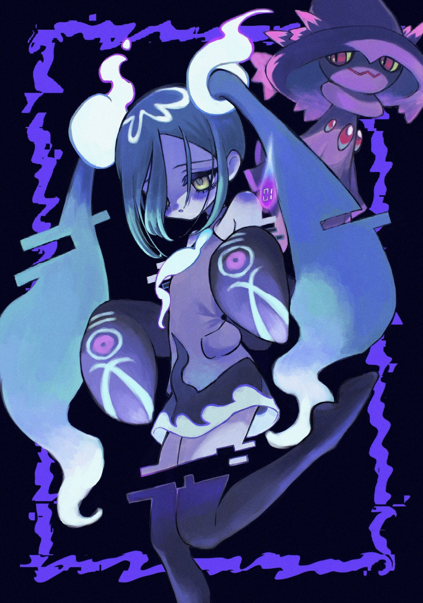 1girl aoi_bansoko black_skirt black_sleeves black_thighhighs blue_hair colored_sclera commentary_request cowboy_shot dark_background detached_legs detached_sleeves ghost_miku_(project_voltage) glitch gradient_hair grey_shirt hair_over_one_eye hands_up hat hatsune_miku highres long_hair looking_at_viewer mismagius multicolored_hair necktie open_mouth pale_skin pokemon pokemon_(creature) print_sleeves project_voltage red_eyes see-through see-through_skirt shaded_face shirt skirt sleeveless sleeveless_shirt sleeves_past_fingers sleeves_past_wrists thigh-highs twintails very_long_hair vocaloid white_hair white_necktie witch_hat yellow_eyes yellow_sclera