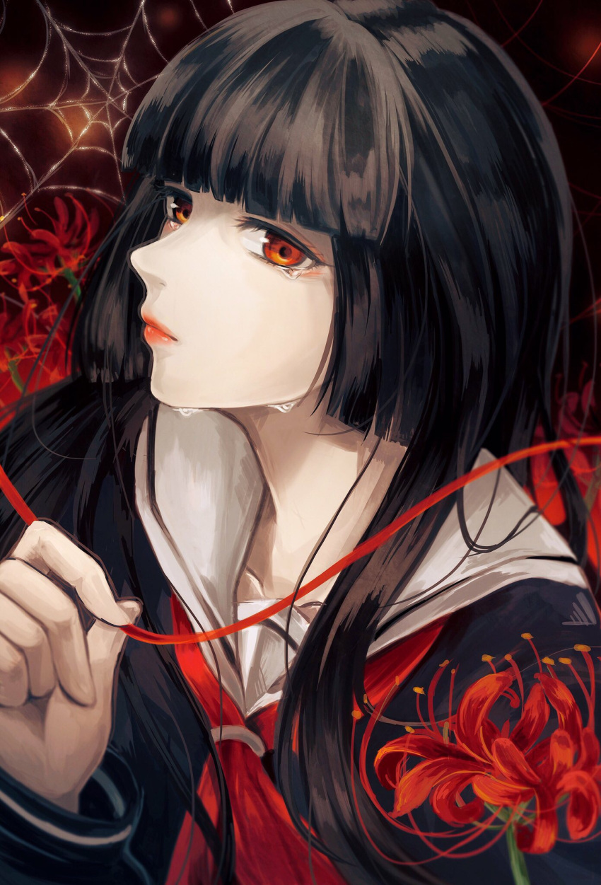 1girl black_hair black_serafuku blunt_bangs closed_mouth collarbone commentary_request crying crying_with_eyes_open enma_ai flower highres hime_cut jigoku_shoujo long_hair long_sleeves looking_at_viewer neckerchief nokosuke red_eyes red_flower red_neckerchief sailor_collar school_uniform serafuku silk solo spider_lily spider_web string tears upper_body white_sailor_collar