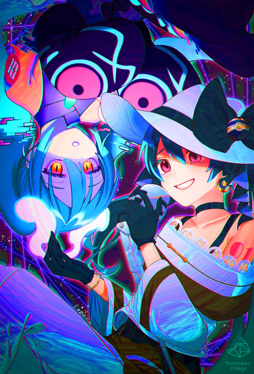 2girls aqua_hair bare_shoulders black_bow black_choker black_gloves bow bracelet choker dark_miku_(project_voltage) earrings ghost ghost_miku_(project_voltage) glitch gloves grin hair_between_eyes hana_kuro3 hat hat_bow hatsune_miku highres holding holding_microphone jewelry long_sleeves luxury_ball microphone multiple_girls off_shoulder pale_skin parted_lips poke_ball pokemon project_voltage red_eyes sleeves_past_fingers sleeves_past_wrists smile twintails uneven_twintails upside-down vocaloid will-o'-the-wisp_(mythology) yellow_eyes