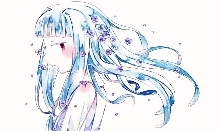 1girl blue_hair blunt_bangs blush collared_shirt commentary_request falling_flower falling_petals floating_hair flower flower_request from_side hair_flower hair_intakes hair_ornament kotonoha_aoi long_hair looking_at_viewer looking_to_the_side m_(15cmx) open_mouth petals pink_eyes profile purple_flower shirt sidelocks simple_background solo upper_body voiceroid white_background white_shirt