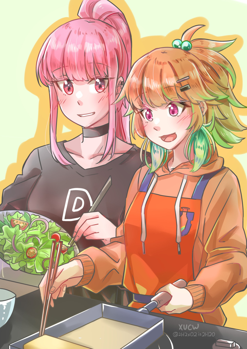 2girls absurdres apron blunt_bangs blush bowl breasts chopsticks cooking couple earrings feather_earrings feathers food gradient_hair highres holding hololive hololive_english jewelry long_hair mori_calliope multicolored_hair multiple_girls open_mouth orange_hair pink_hair red_eyes smile takanashi_kiara virtual_youtuber xu_chin-wen yuri