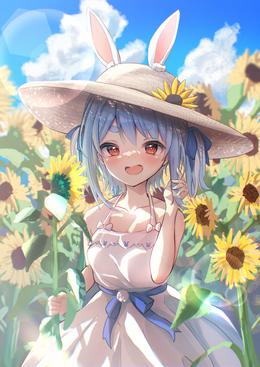 1girl :d absurdres alternate_hairstyle animal_ears blue_hair clouds cloudy_sky dress field flower flower_field hat highres hololive looking_at_viewer orange_eyes rabbit-shaped_pupils rabbit_ears sky smile summer sundress sunflower sunflower_field symbol-shaped_pupils terra_bose thick_eyebrows usada_pekora virtual_youtuber white_dress