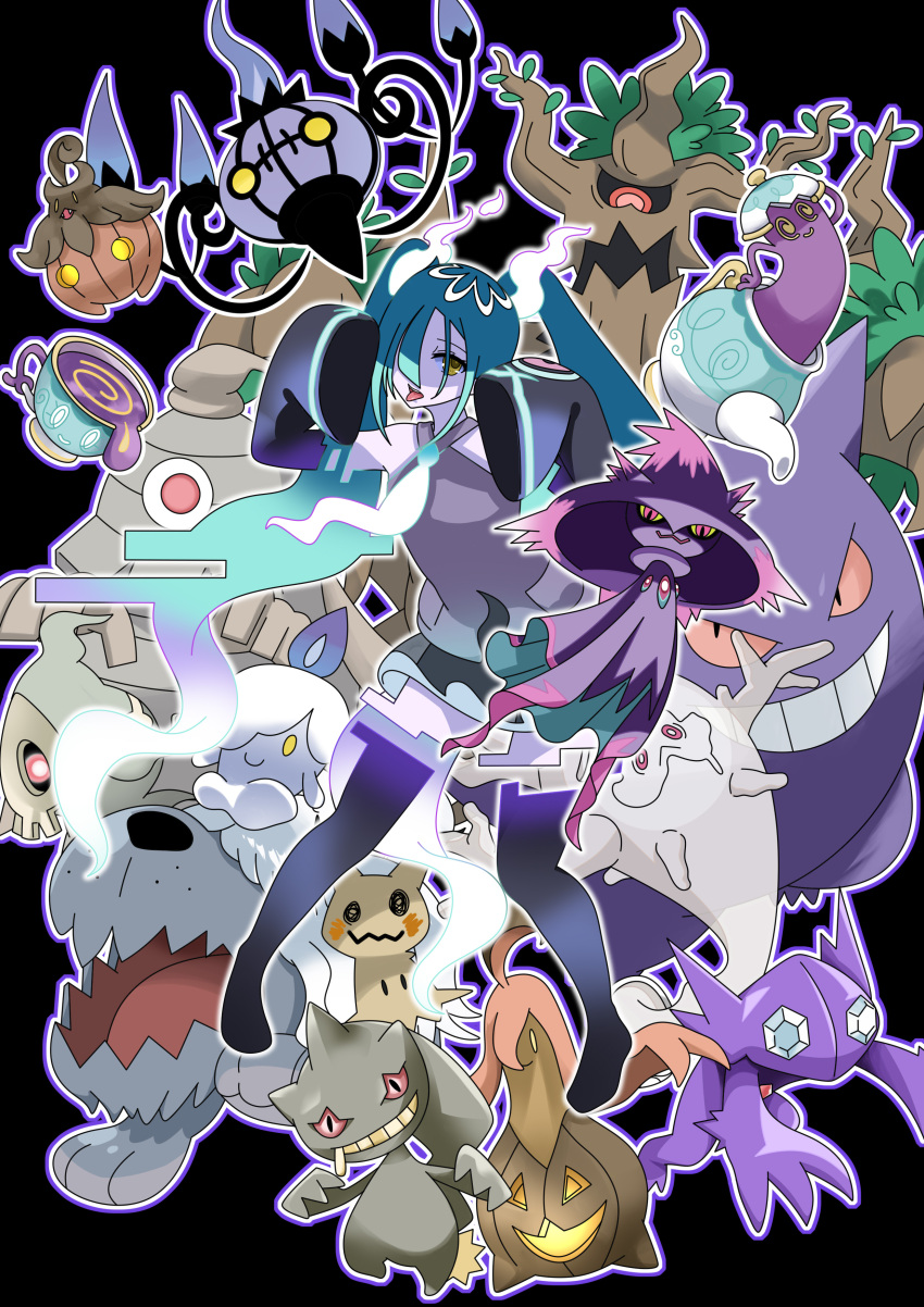 1girl absurdres banette black_thighhighs chandelure commentary_request cursola detached_sleeves dusclops duskull eyelashes gengar ghost_miku_(project_voltage) gourgeist greavard green_hair hatsune_miku highres litwick long_hair looking_at_viewer mesh_kuroto mimikyu mismagius necktie open_mouth outline pokemon pokemon_(creature) polteageist project_voltage pumpkaboo sableye shirt sinistea skirt sleeveless sleeveless_shirt thigh-highs tongue tongue_out trevenant twintails vocaloid white_necktie yellow_eyes