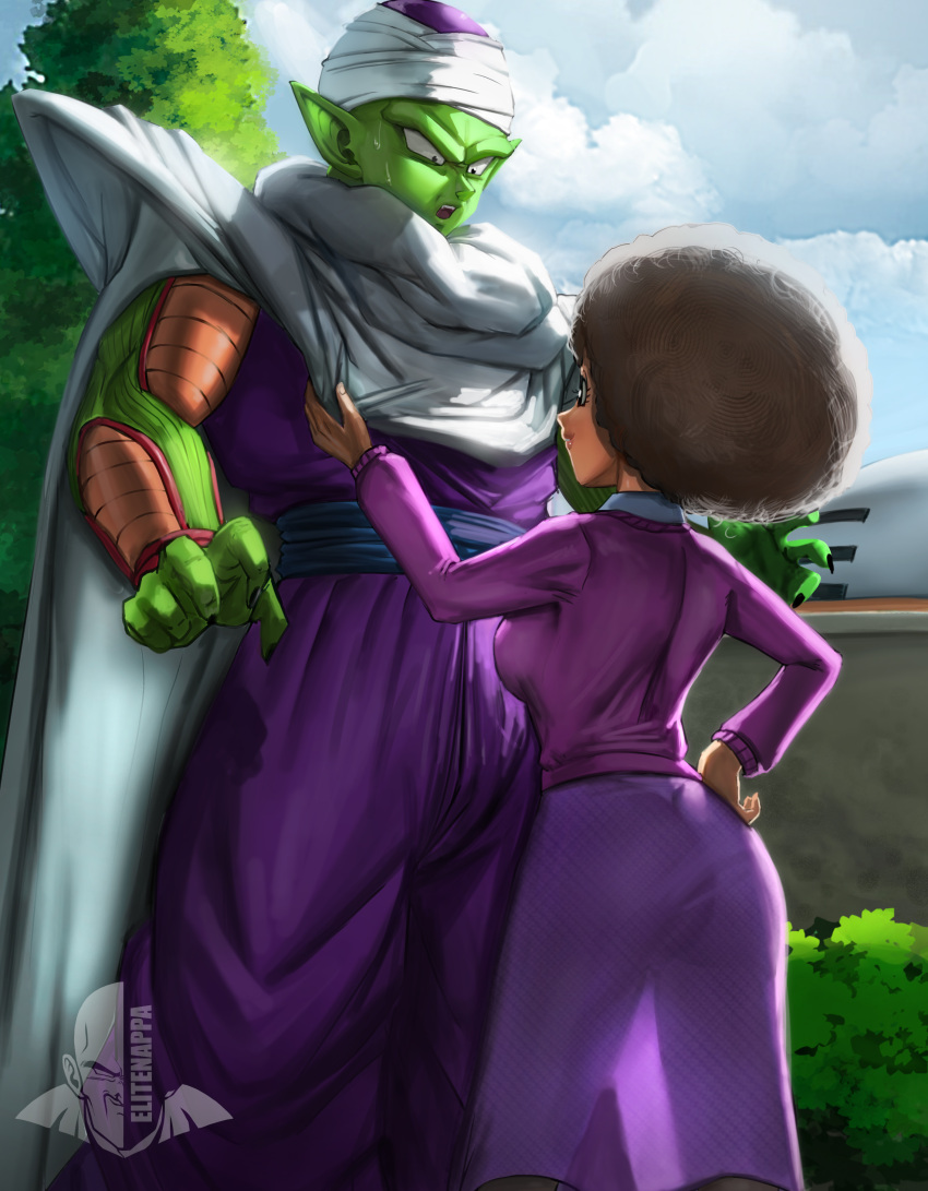 1boy 1girl absurdres afro ass breasts bush cape clouds cloudy_sky colored_skin curtains dark-skinned_female dark_skin dougi dragon_ball dragon_ball_super dragon_ball_super_super_hero elite_nappa green_skin highres janet_(dragon_ball) long_sleeves looking_at_viewer open_mouth piccolo pointy_ears skirt sky tree turban white_cape
