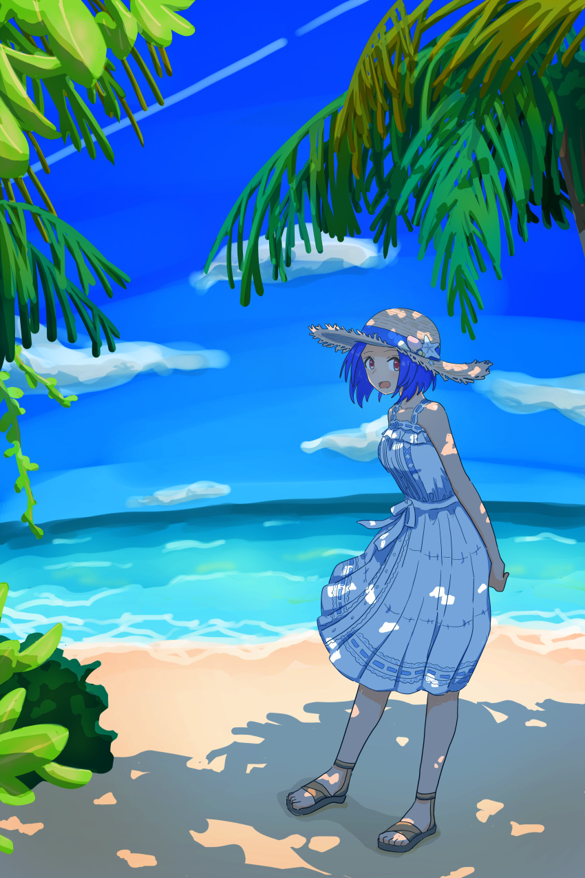 1girl absurdres branch bush clouds collarbone dappled_sunlight dress eco_(rzgs7543) full_body hat highres idolmaster looking_at_viewer miura_azusa open_mouth outdoors palm_tree red_eyes sandals short_hair solo straw_hat summer sunlight tree white_dress