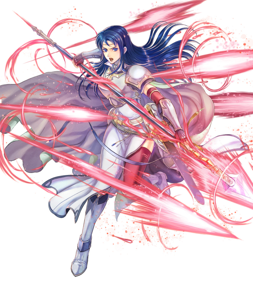 1girl armor blue_eyes blue_hair breastplate cape elbow_gloves fire_emblem fire_emblem:_the_blazing_blade fire_emblem_heroes gloves highres holding holding_polearm holding_weapon isadora_(fire_emblem) long_hair non-web_source official_art pelvic_curtain polearm shoulder_armor solo sword takaya_tomohide vambraces weapon white_cape