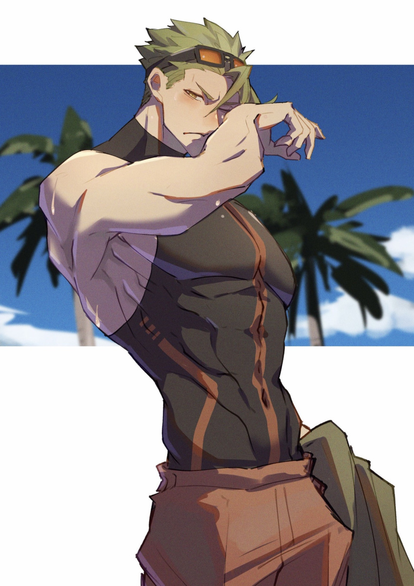 1boy abs achilles_(fate) black_shirt blush brown_eyes closed_mouth fate/grand_order fate_(series) green_hair haruakira highres holding holding_clothes holding_jacket jacket large_pectorals male_focus muscular muscular_male navel orange_pants palm_tree pants pectorals shirt sidepec solo tree undercut wiping_face