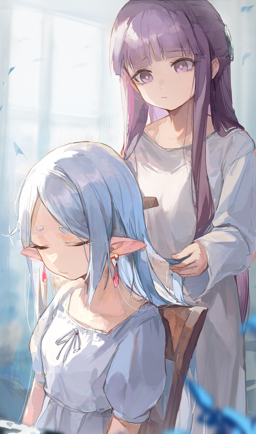 2girls absurdres blue_dress blue_hair blunt_bangs brushing_hair chair character_request closed_eyes closed_mouth collarbone comb dress elf frieren highres long_sleeves multiple_girls parted_bangs pointy_ears purple_hair short_sleeves sitting sousou_no_frieren violet_eyes white_dress zombie_ke