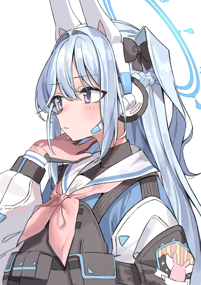 1girl absurdres animal_ears black_bow blue_archive blue_hair bow braid closed_mouth crown_braid fake_animal_ears gloves hair_bow halo hand_up haruyuki_(gffewuoutgblubh) headset highres light_blue_hair light_blush long_hair long_sleeves looking_afar miyako_(blue_archive) neckerchief one_side_up pink_gloves pink_neckerchief plate_carrier rabbit_ears sailor_collar shoulder_pads simple_background solo upper_body violet_eyes white_background white_sailor_collar