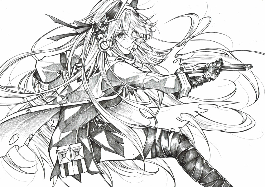 1girl absurdres alpha_(punishing:_gray_raven) bandaged_leg bandages bow fighting_stance folmauth hair_between_eyes hair_bow headgear headphones highres holding holding_sword holding_weapon jacket long_hair long_sleeves lucia:_crimson_abyss_(punishing:_gray_raven) mechanical_arms monochrome punishing:_gray_raven shirt solo sword traditional_media very_long_hair weapon