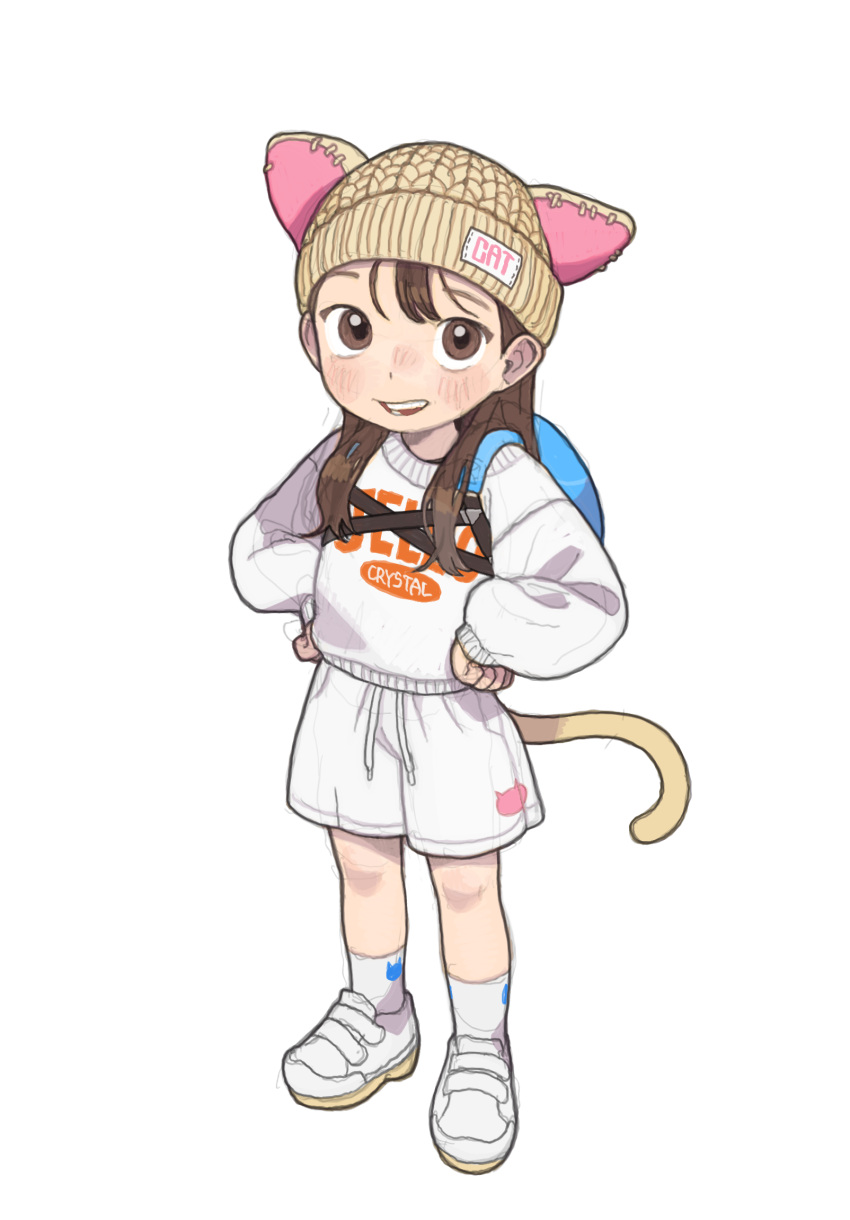 1girl animal_ears backpack bag brown_eyes brown_hair cat_ears cat_tail child full_body hand_on_own_hip hat highres long_hair long_sleeves looking_at_viewer opossumachine original shoes simple_background socks tail white_background white_footwear white_socks