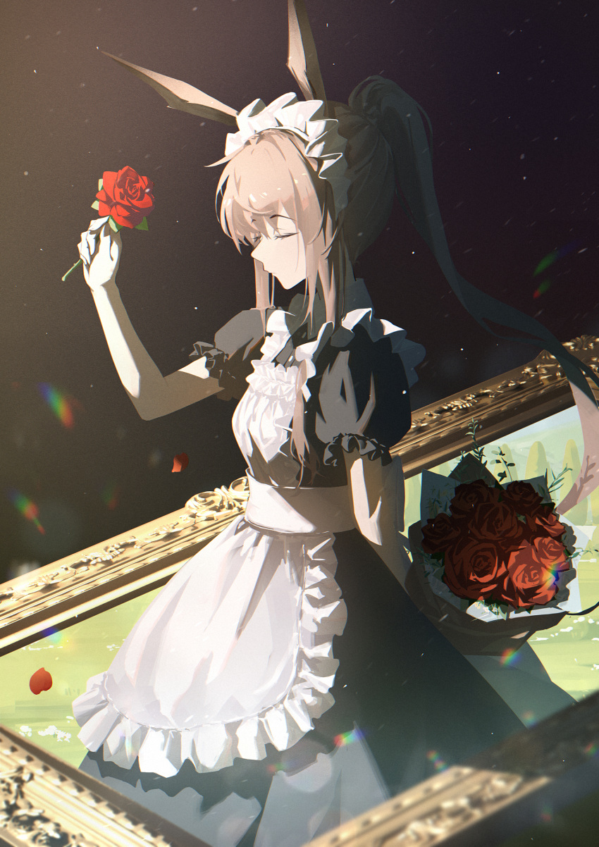 1girl alternate_costume amiya_(arknights) animal_ears apron arknights arm_behind_back black_background black_dress bouquet brown_hair closed_eyes commentary_request cowboy_shot dress enmaided flower frilled_apron frills highres holding holding_bouquet holding_flower maid maid_headdress picture_frame ponytail sin.