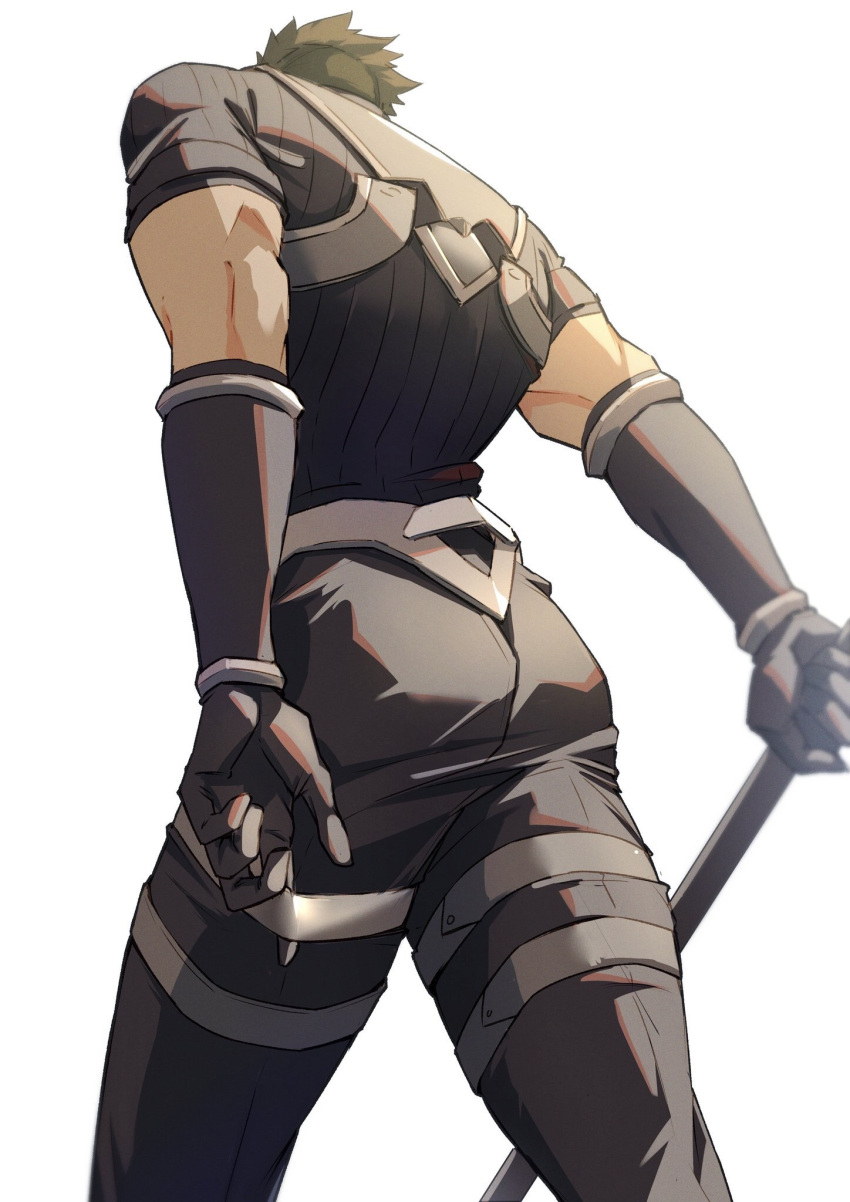 1boy achilles_(fate) ass belt black_panties black_shirt facing_away fate_(series) from_below gauntlets haruakira highres holding holding_polearm holding_weapon male_focus panties polearm ribbed_shirt shirt short_hair simple_background solo thigh_belt thigh_strap undercut underwear weapon white_background