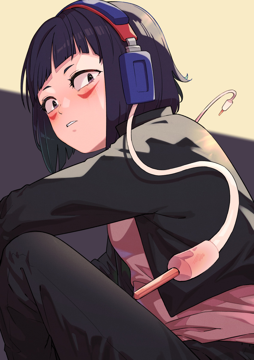 1girl absurdres asymmetrical_bangs audio_jack black_background black_eyes black_hair black_jacket black_pants blunt_bangs blush bob_cut boku_no_hero_academia breasts commentary cropped_jacket ear_blush elbow_on_knee embarrassed facepaint facial_mark fcgc_(friedalwaysgood) foreshortening from_below from_side frown headphones highres inverted_bob jacket jirou_kyouka knee_up light_frown long_earlobes looking_at_viewer looking_down looking_to_the_side pants parted_lips pink_shirt shirt short_hair sitting small_breasts solo yellow_background