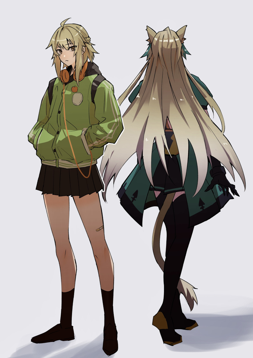 1girl absurdres ahoge atalanta_(fate) backpack bag black_skirt braid brown_eyes brown_hair buttons closed_mouth fate/grand_order fate_(series) frown full_body green_jacket grey_background hands_in_pockets haruakira headphones headphones_around_neck highres jacket long_hair looking_at_viewer short_hair simple_background skirt solo tail track_jacket