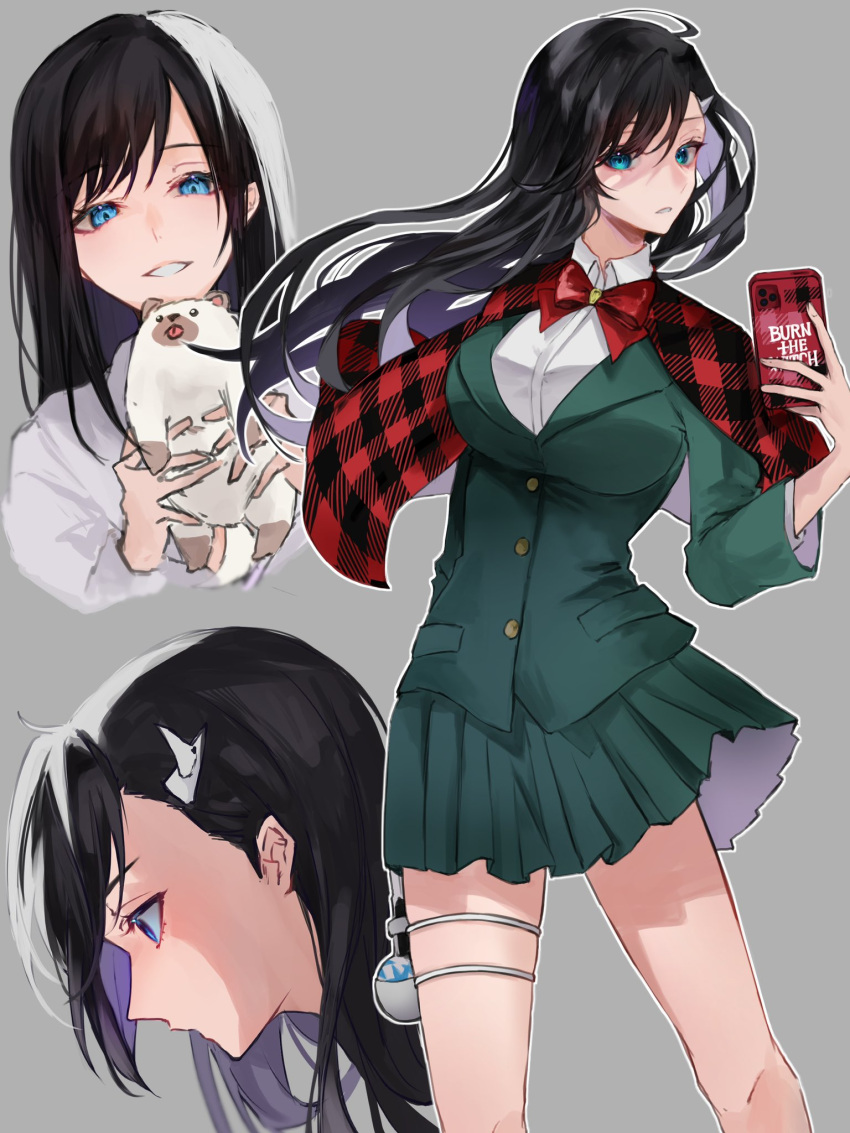 1girl animal black_hair blue_eyes bow breasts burn_the_witch cape cellphone commentary copyright_name cowboy_shot dress_shirt eyelashes floating_hair frown green_jacket green_skirt grey_background hair_ornament hairclip highres holding holding_animal holding_phone jacket large_breasts long_hair long_sleeves looking_at_animal looking_at_viewer miniskirt niihashi_noel parted_lips phone plaid_cape pleated_skirt profile red_bow red_cape shirt simple_background skirt smartphone smile solo standing straight_hair swept_bangs symbol-only_commentary thigh_strap tsurime ui_1231 white_shirt
