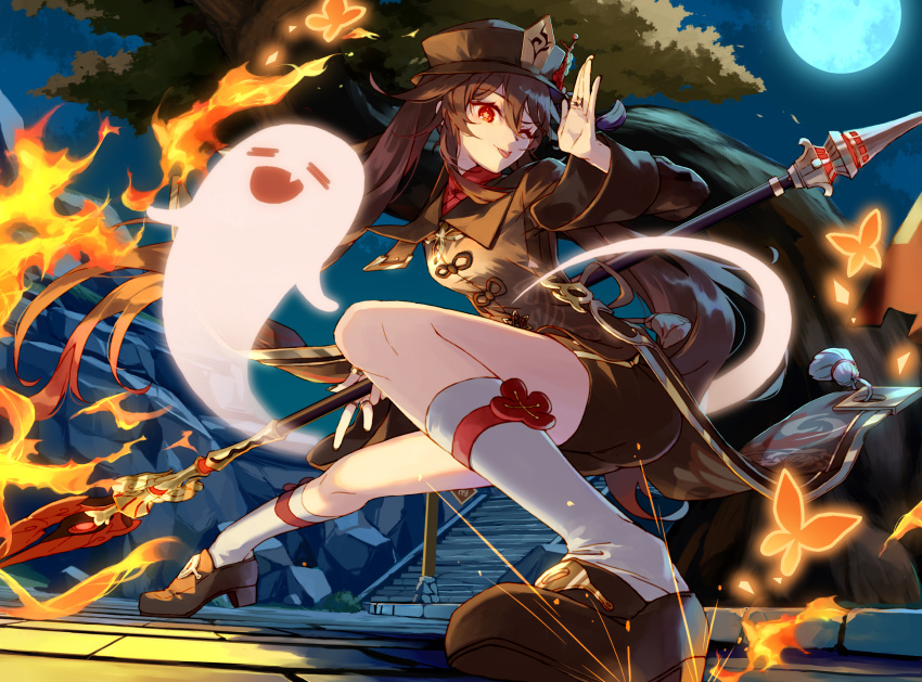 1girl ;p black_footwear black_headwear boo_tao_(genshin_impact) brown_coat brown_hair bug butterfly chinese_clothes coat commentary_request fire genshin_impact ghost hat highres holding holding_polearm holding_weapon hu_tao_(genshin_impact) long_hair looking_at_viewer mahiro_1x4 moon night night_sky one_eye_closed outdoors polearm porkpie_hat red_eyes shoes sky socks spear symbol-shaped_pupils tongue tongue_out twintails weapon white_socks