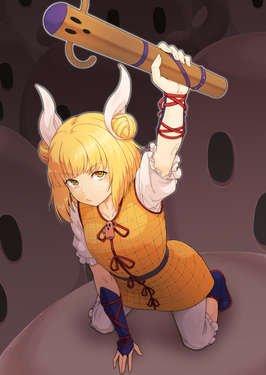 1girl armor armored_dress blonde_hair bloomers collarbone dark_background double_bun dress elbow_gloves frilled_sleeves frills from_above gloves hair_bun hand_up haniwa_(statue) highres holding holding_weapon joutouguu_mayumi kakone kneeling looking_up solo touhou underwear weapon yellow_dress yellow_eyes