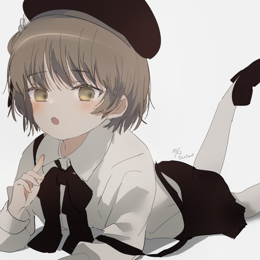 1girl :o beret black_footwear black_headwear black_ribbon black_skirt blush brown_eyes brown_hair collared_shirt dated dot_nose elbow_rest fang feet_out_of_frame feet_up flower from_side hair_ribbon hand_up hat hat_flower hatoba_tsugu highres index_finger_raised long_sleeves looking_at_viewer lying medium_hair mole mole_under_eye neck_ribbon on_stomach open_mouth pantyhose raised_eyebrows ribbon sha2mo shirt shirt_tucked_in shoes signature simple_background single_hair_ring skin_fang skirt solo strap_slip suspender_skirt suspenders the_pose tsugu_(vtuber) white_background white_flower white_pantyhose white_shirt