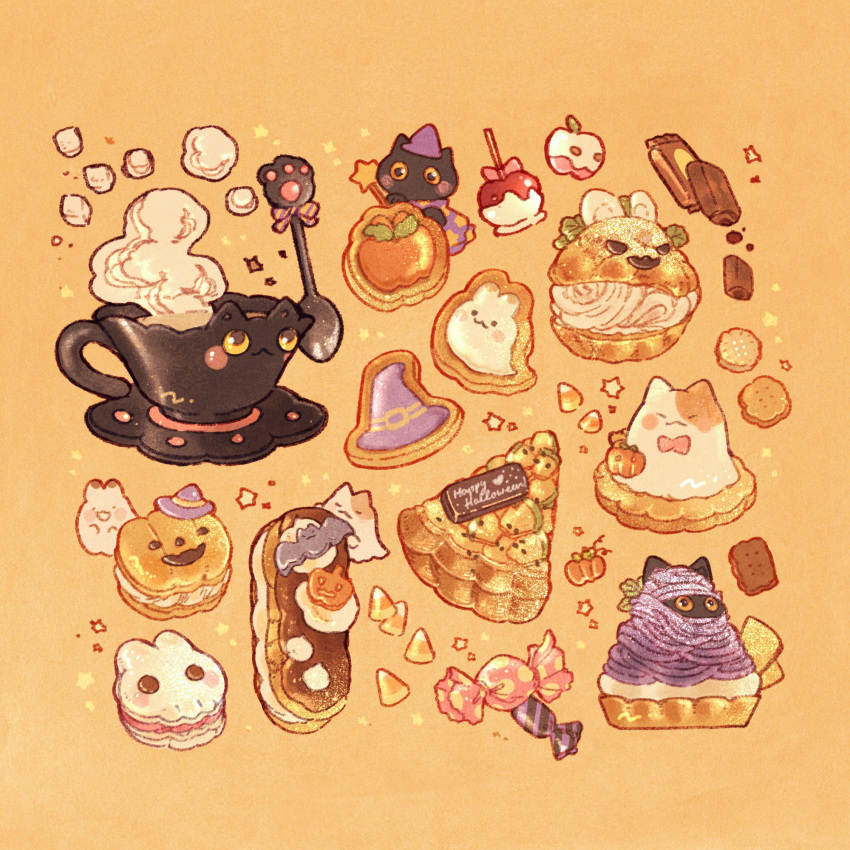 animal-themed_food animal_cup animal_focus black_cat blush_stickers bow candy candy_apple candy_corn cape cat chocolate colored_sclera commentary cookie crumbs cup dessert eclair_(food) english_commentary food food_focus food_request ghost halloween happy_halloween hat highres holding holding_wand jack-o'-lantern leaf macaron nao_(bestrollever) no_humans orange_background original pie pie_slice pink_bow plate polka_dot pumpkin purple_bow purple_cape purple_headwear rabbit spoon star_(symbol) star_print steam striped striped_bow tea teacup two-tone_bow wand witch_hat yellow_bow yellow_sclera