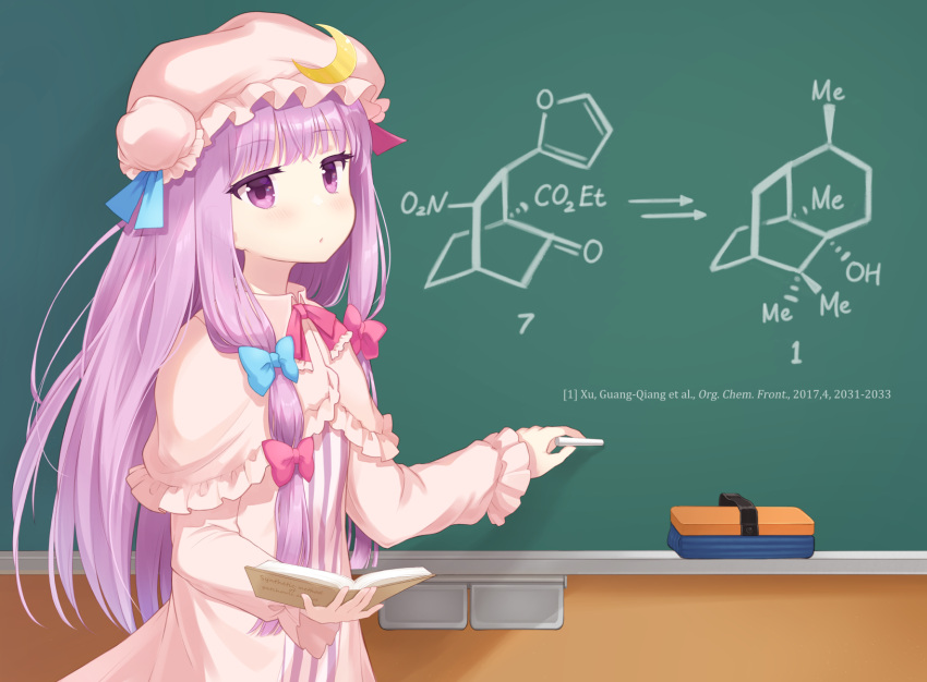 1girl blue_bow book bow capelet chalk chalkboard chemical_structure chemistry commission crescent crescent_hat_ornament dress frilled_capelet frilled_sleeves frills hair_bow hat hat_ornament highres holding holding_book holding_chalk indoors long_hair long_sleeves looking_at_viewer mito_tsubaki mob_cap patchouli_knowledge pink_dress pink_headwear purple_hair red_bow skeb_commission solo touhou violet_eyes