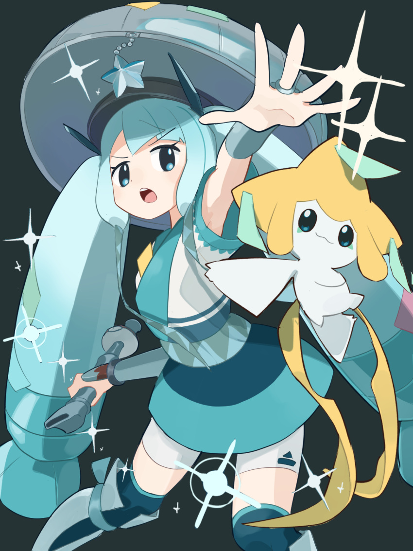 1girl :o commentary_request dress eyelashes green_eyes green_hair green_headwear hat hatsune_miku highres holding holding_instrument instrument jirachi kanno_(kan_save) long_hair open_mouth pokemon pokemon_(creature) project_voltage short_sleeves shorts steel_miku_(project_voltage) teeth thigh-highs tongue twintails upper_teeth_only vocaloid