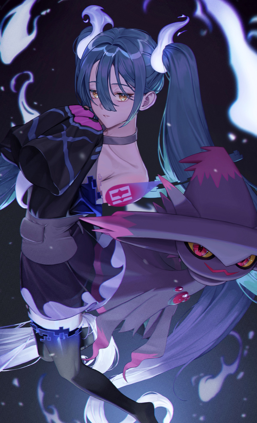 1girl absurdres aqua_hair black_thighhighs detached_sleeves ghost ghost_miku_(project_voltage) glitch gradient_hair grey_shirt hair_between_eyes hatsune_miku highres l000ading long_hair looking_at_viewer mismagius multicolored_hair parted_lips pokemon pokemon_(creature) project_voltage see-through see-through_skirt shirt skirt thigh-highs twintails very_long_hair vocaloid will-o'-the-wisp_(mythology) yellow_eyes