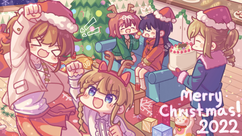! !! &gt;_&lt; 2022 5girls :d absurdres arm_up blonde_hair blue_eyes blue_jacket blue_thighhighs box braided_sidelock brown_hair cabinet cardigan center_frills christmas christmas_tree clenched_hand collared_shirt couch drill_hair drill_ponytail facing_another fake_antlers frilled_shirt frills full_body fur-trimmed_jacket fur_trim gift gift_box hat hayasaka_mei heart highres ibuki_nagisa idoly_pride indoors jacket jumping kabotd long_hair merry_christmas mittens moon_tempest multiple_girls nagase_kotono narumiya_suzu night open_cardigan open_clothes open_mouth pink_cardigan pleated_skirt red_mittens red_skirt rug santa_hat shiraishi_saki shirt sitting skirt smile table thigh-highs white_shirt wooden_floor