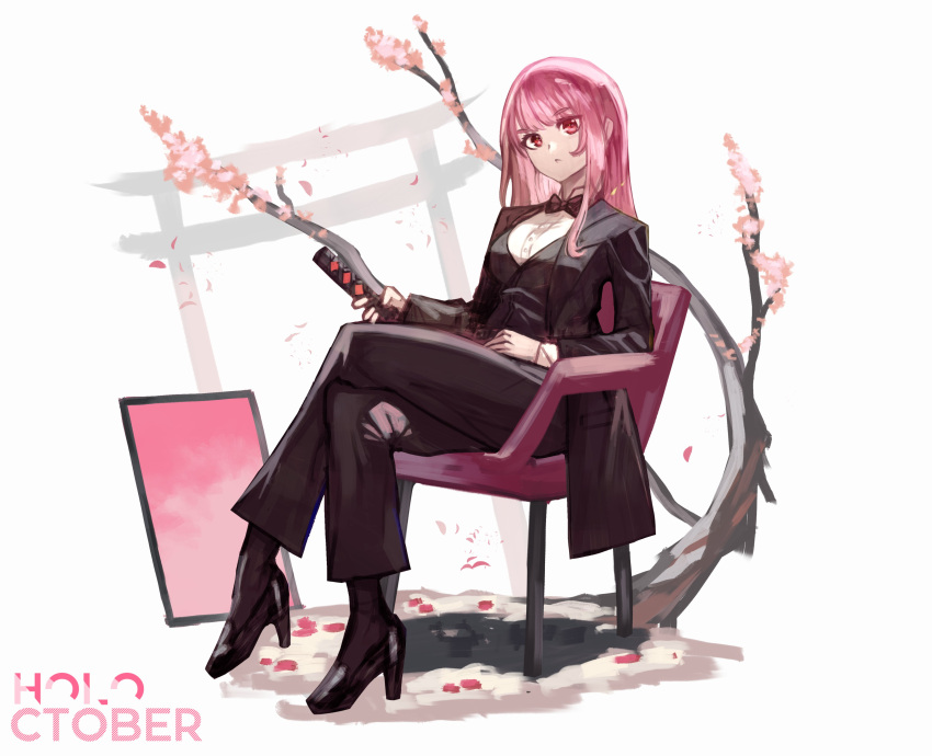 1girl absurdres black_bow black_bowtie black_suit bow bowtie chair cherry_blossoms cherry_tree crossed_legs hand_on_lap high_heels highres holding holding_knife hololive hololive_english knife looking_at_viewer mafia mori_calliope pink_eyes pink_hair sitting suit torii trustyskittles virtual_youtuber white_background