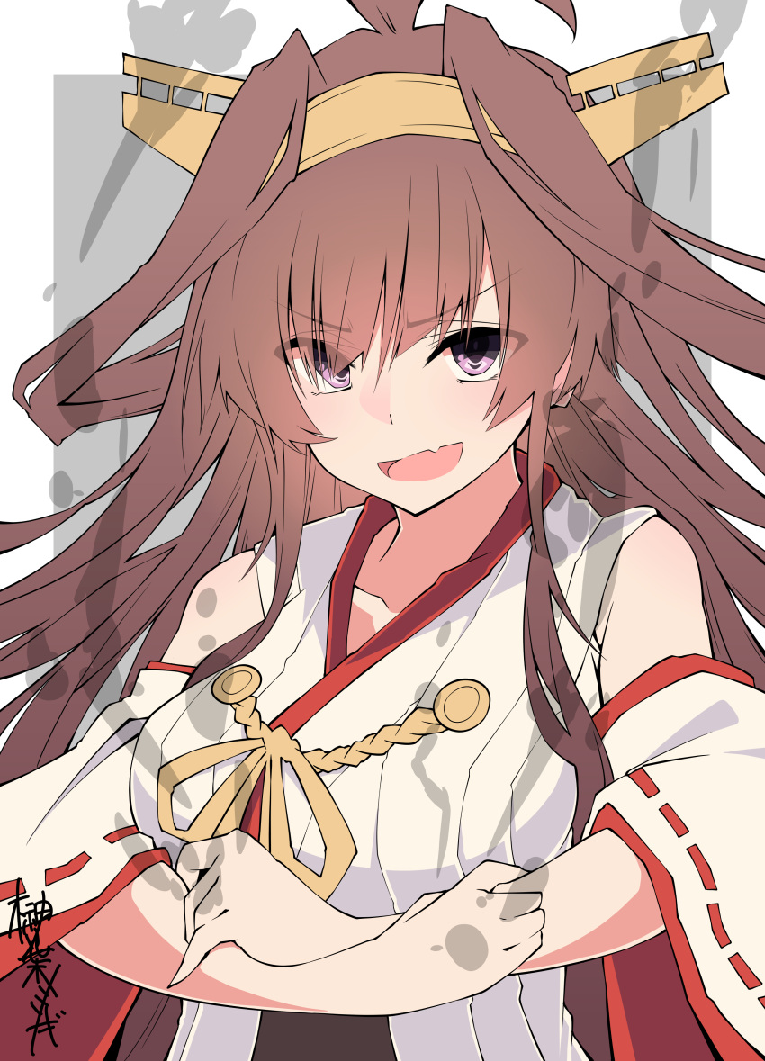 1girl absurdres ahoge artist_name bare_shoulders breasts brown_hair commentary commentary_request crossed_arms detached_sleeves eyes_visible_through_hair fang hairband headgear highres japanese_clothes kantai_collection kimono kongou_(kancolle) large_breasts long_hair looking_at_viewer nontraditional_miko ribbon-trimmed_sleeves ribbon_trim sakakiba_misogi solo v-shaped_eyebrows violet_eyes white_kimono wide_sleeves