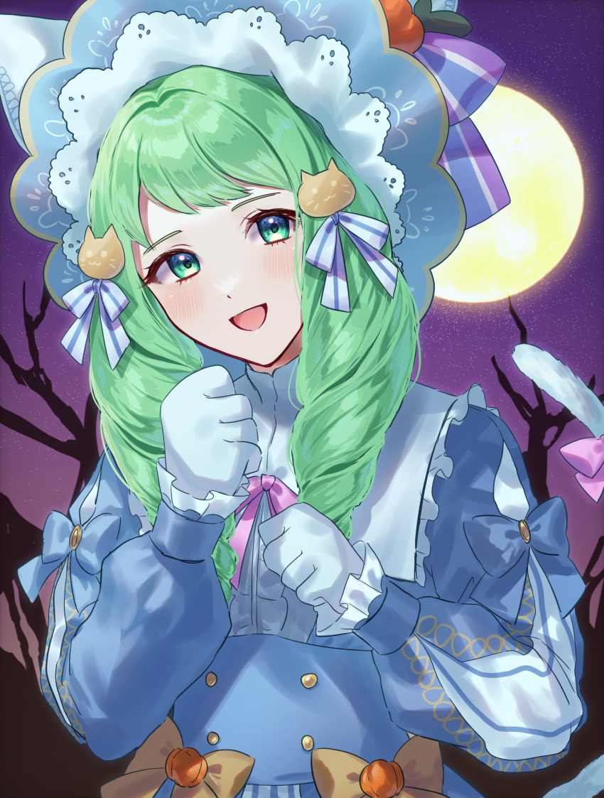 1girl animal_ears cat_ears cat_girl cat_tail fake_animal_ears fake_tail fire_emblem fire_emblem:_three_houses fire_emblem_heroes flayn_(fire_emblem) flayn_(halloween)_(fire_emblem) full_moon green_eyes green_hair highres moon official_alternate_costume solo tail tomo_shirasu upper_body