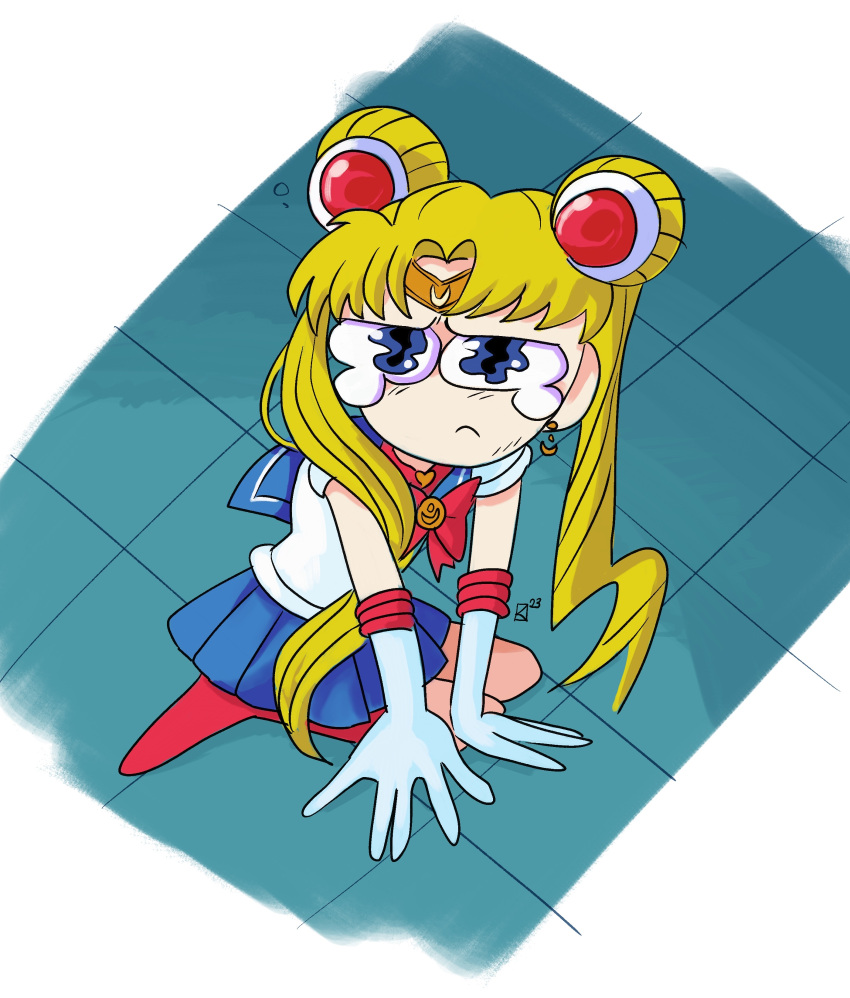 1girl absurdres arm_support artist_logo bishoujo_senshi_sailor_moon blonde_hair blue_eyes blue_sailor_collar blue_skirt boots bow bowtie chibi commentary crescent crescent_earrings crying dated derivative_work double_bun earrings elbow_gloves english_commentary fauxsquared floor from_above full_body gloves hair_bun highres jewelry long_hair meme miniskirt on_floor red_bow red_bowtie red_footwear sailor_collar sailor_moon sailor_moon_redraw_challenge_(meme) sailor_senshi sailor_senshi_uniform screencap_redraw sitting skirt solo tiara tile_floor tiles tsukino_usagi twintails white_gloves