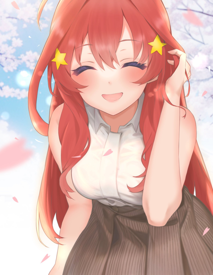 1girl :d ^_^ adjusting_hair ahoge arm_at_side bare_arms blurry blush breasts brown_skirt casual cherry_blossoms closed_eyes commentary cowboy_shot day depth_of_field double-parted_bangs eyelashes facing_viewer falling_petals go-toubun_no_hanayome hair_between_eyes hair_ornament hand_up happy high-waist_skirt highres kakato_0 large_breasts leaning_forward long_hair nakano_itsuki open_mouth outdoors petals redhead shirt sidelocks skirt sleeveless sleeveless_shirt smile solo spring_(season) standing star_(symbol) star_hair_ornament very_long_hair wavy_hair white_shirt