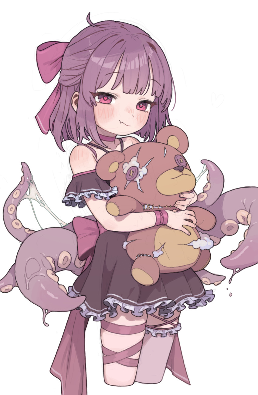 1girl absurdres blush bow commentary cropped_legs dress fallenshadow hair_bow highres holding holding_stuffed_toy indie_virtual_youtuber looking_at_viewer opossumachine purple_hair ribbon short_hair stuffed_animal stuffed_toy teddy_bear tentacles thigh_strap virtual_youtuber