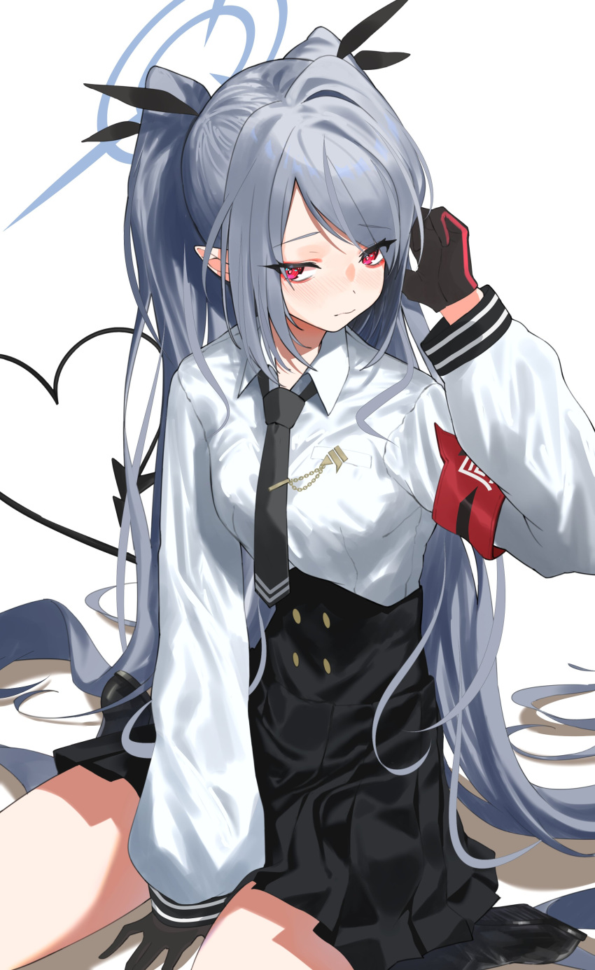 1girl absurdres armband black_gloves black_necktie black_skirt blue_archive blush breasts demon_tail gloves grey_hair halo heart highres iori_(blue_archive) long_hair long_sleeves looking_at_viewer nanimo_777 necktie pointy_ears red_armband red_eyes school_uniform shirt simple_background sitting skirt small_breasts solo tail twintails very_long_hair wariza white_background white_shirt
