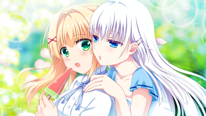 2girls :o blonde_hair blue_eyes blue_ribbon blue_sleeves blurry blurry_background blush breasts casual close-up collarbone commentary_request food green_eyes hair_between_eyes hair_intakes hair_ornament hairclip heads_together holding holding_food holding_popsicle hug hug_from_behind jitome long_hair looking_at_another looking_back multiple_girls naruse_shiroha neck_ribbon open_mouth popsicle ribbon shirt small_breasts sparkle straight_hair summer_pockets surprised tsumugi_wenders watermelon_bar white_hair white_shirt wide-eyed x_hair_ornament yoimatsuri_(ichimen_no)