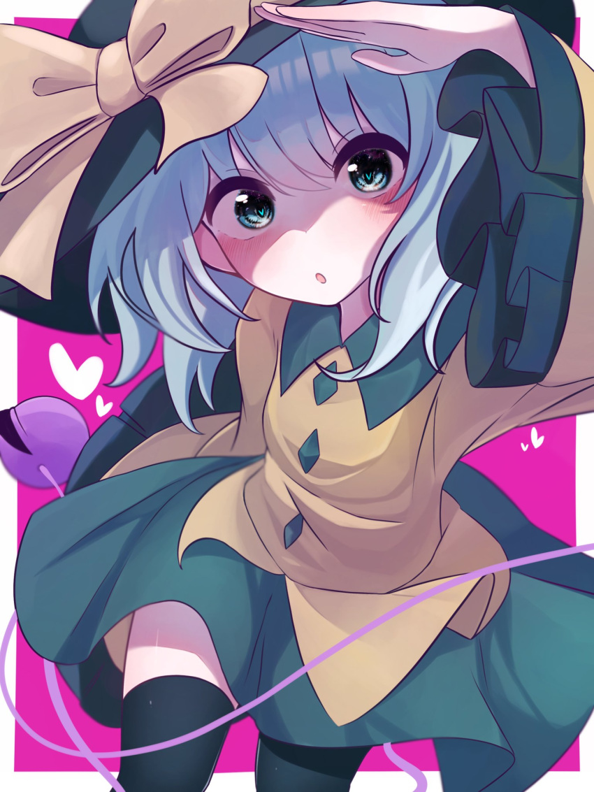 1girl :o black_headwear black_thighhighs blouse blue_hair blush border bow breasts buttons collared_shirt cowboy_shot diamond_button eyeball frilled_sleeves frills green_eyes green_skirt hand_over_face hat hat_bow heart heart-shaped_pupils highres komeiji_koishi light_blue_hair long_sleeves looking_at_viewer medium_hair parted_lips pink_background ribbon salute shirt short_hair skirt small_breasts soesoe300 solo string subterranean_animism symbol-shaped_pupils thigh-highs third_eye touhou white_border wide_sleeves yellow_bow yellow_shirt