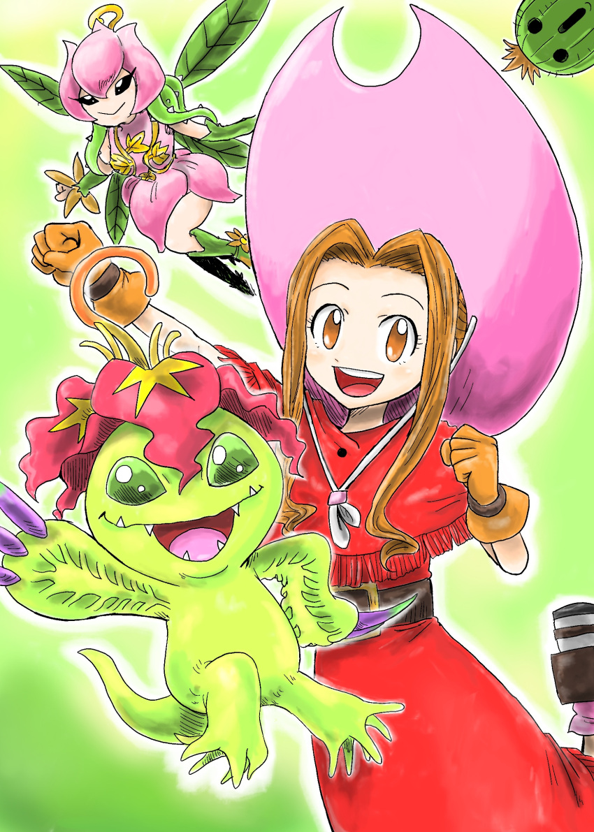 2girls 2others boots brown_eyes brown_gloves brown_hair clenched_hands detached_sleeves digimon digimon_(creature) dress fairy flower gloves green_background green_footwear green_sleeves hair_vines hat highres kicdon knee_boots leaf_wings lilimon long_hair looking_at_viewer monster_girl multiple_girls multiple_others open_mouth palmon petals pink_dress pink_headwear plant plant_girl plant_monster red_dress reptile sharp_teeth short_sleeves simple_background tachikawa_mimi teeth togemon
