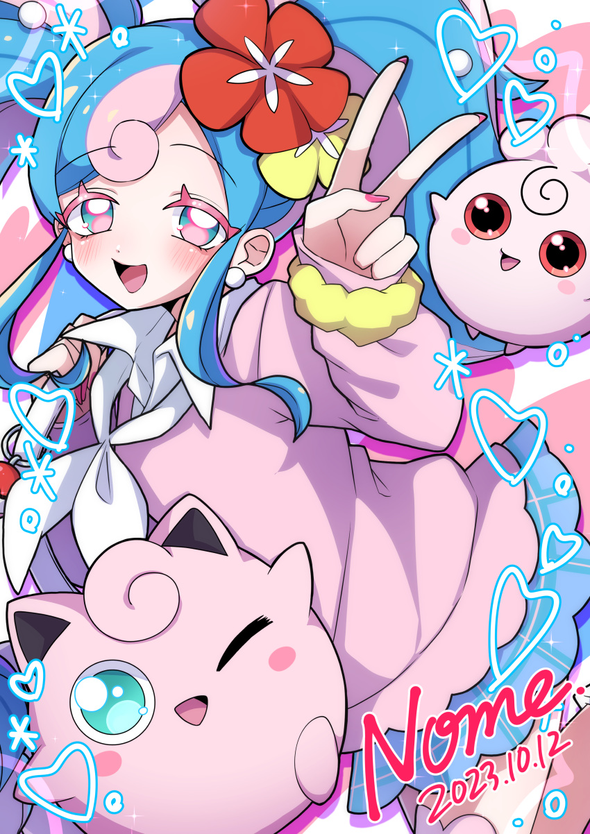 1girl :d absurdres blue_hair blue_skirt blush collared_shirt commentary_request dated eyelashes fairy_miku_(project_voltage) flower hair_flower hair_ornament hatsune_miku heart highres igglybuff jigglypuff long_hair long_sleeves nail_polish open_mouth pink_nails pink_sweater pokemon pokemon_(creature) project_voltage red_flower scrunchie shino_nome shirt signature skirt smile sweater tongue twintails vocaloid white_shirt wrist_scrunchie