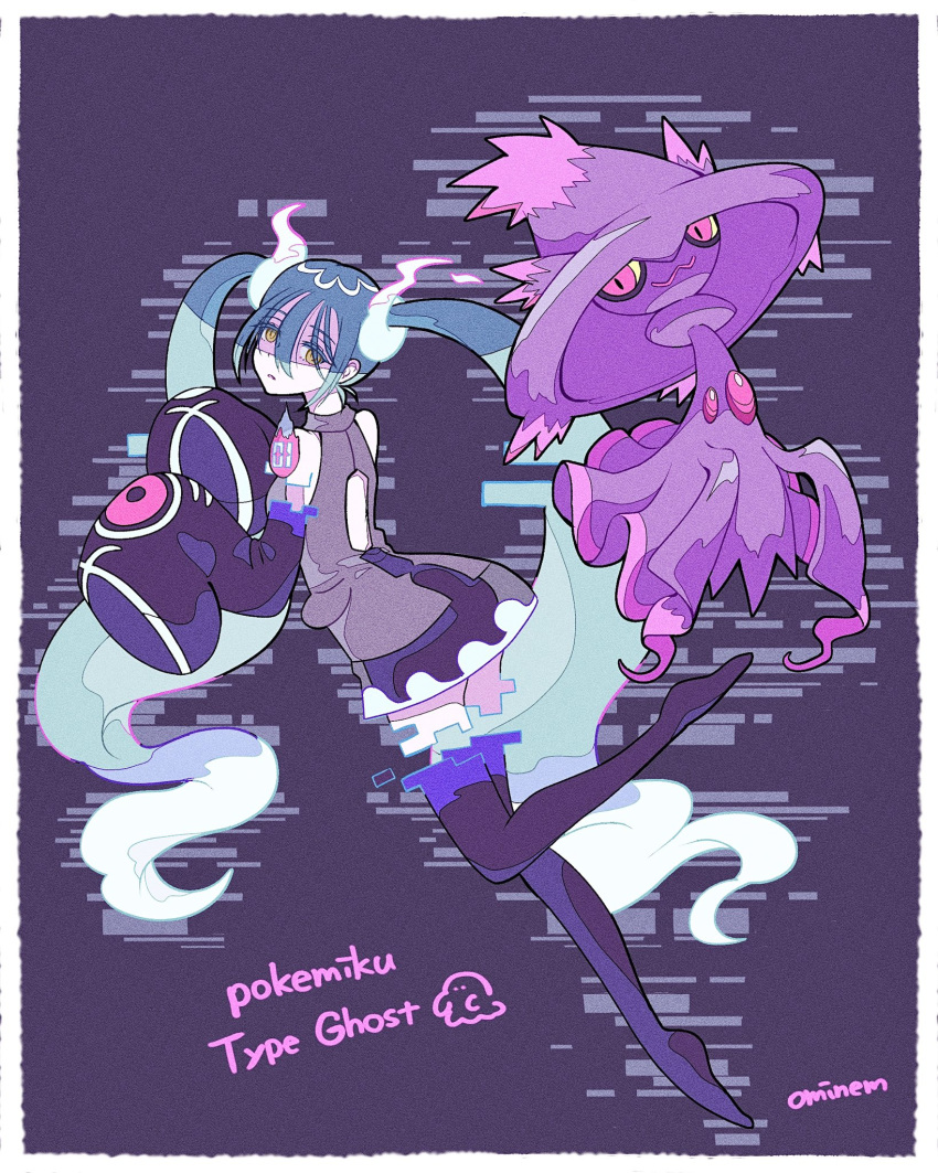 1girl aqua_hair back_cutout bare_shoulders black_thighhighs clothing_cutout floating ghost ghost_miku_(project_voltage) glitch gradient_hair hatsune_miku highres long_hair looking_at_viewer mismagius multicolored_hair ominemmist pale_skin pokemon pokemon_(creature) project_voltage see-through see-through_skirt skirt sleeves_past_fingers sleeves_past_wrists thigh-highs twintails very_long_hair vocaloid will-o'-the-wisp_(mythology) yellow_eyes