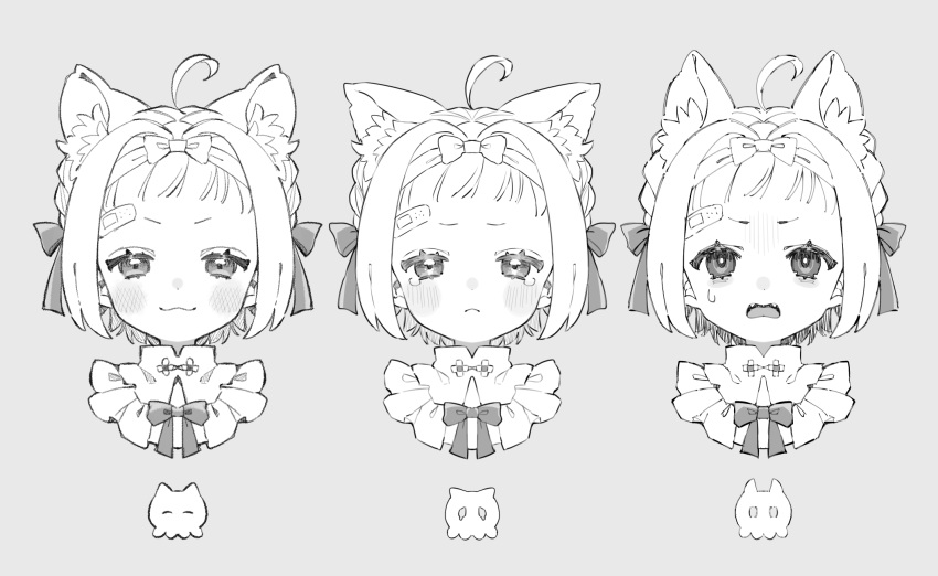 1girl ahoge animal_ear_fluff animal_ears bandaid bandaid_on_face bandaid_on_forehead blunt_bangs blush_stickers bow bowtie braid cat_ears cat_skull closed_mouth collar commentary_request expressions eyelashes fangs flower_button french_braid frilled_collar frills grey_background hair_bow half-closed_eyes head_only highres jikuno light_frown monochrome multiple_hair_bows open_mouth original short_hair smirk straight-on sweatdrop tearing_up v-shaped_eyebrows