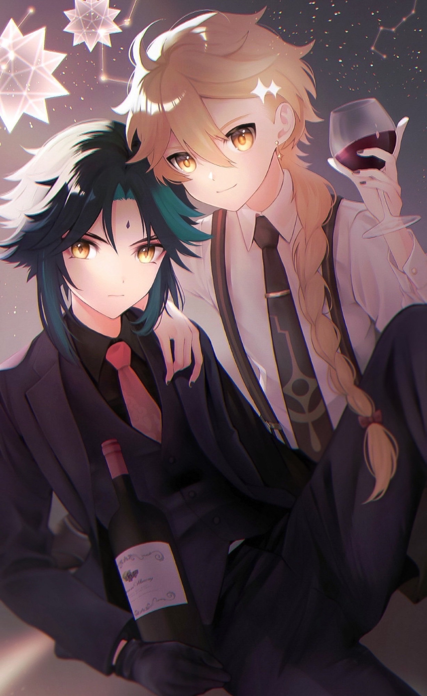 2boys aether_(genshin_impact) alcohol black_jacket black_necktie black_pants black_suit blonde_hair bottle braid closed_mouth cup drinking_glass genshin_impact glass green_hair hair_between_eyes highres holding holding_cup jacket long_hair male_focus multicolored_hair multiple_boys necktie nm_(u_ci2) pants red_necktie shirt smile suit white_shirt wine wine_bottle wine_glass xiao_(genshin_impact) yellow_eyes