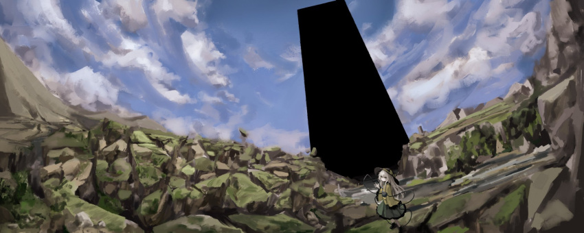 1girl black_headwear bow clouds fisheye frilled_sleeves frills green_eyes green_skirt hat hat_bow hat_ribbon heart heart_of_string highres impressionism komeiji_koishi landscape long_hair long_sleeves looking_at_viewer monolith_(object) outdoors reverinth ribbon rock scenery shirt skirt sky solo standing subterranean_animism surreal third_eye touhou very_wide_shot waving white_hair wide_shot wide_sleeves yellow_bow yellow_ribbon yellow_shirt