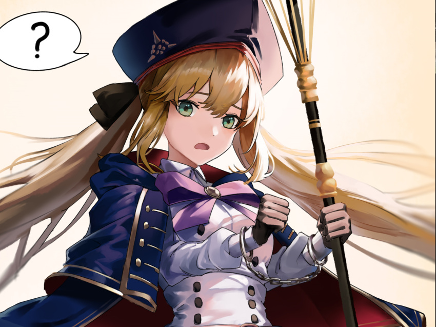 1girl ? artoria_caster_(fate) artoria_caster_(second_ascension)_(fate) artoria_pendragon_(fate) beret black_ribbon blue_cloak bow breasts cloak cuffs fate/grand_order fate_(series) gold_trim green_eyes hair_between_eyes handcuffs hat holding holding_staff large_breasts long_hair long_sleeves open_mouth purple_bow ribbon shackles shirt skirt small_breasts staff twintails user_ruvh7248 white_background white_shirt white_skirt
