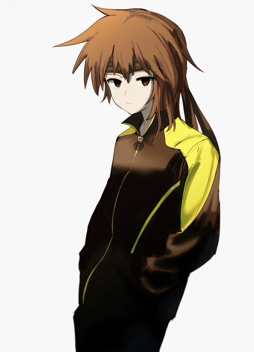 1other androgynous atoymk black_headband black_track_suit brown_eyes brown_hair closed_mouth cowboy_shot hands_in_pockets headband highres kurohebi len'en long_sleeves other_focus short_hair simple_background solo track_suit white_background zipper_pull_tab