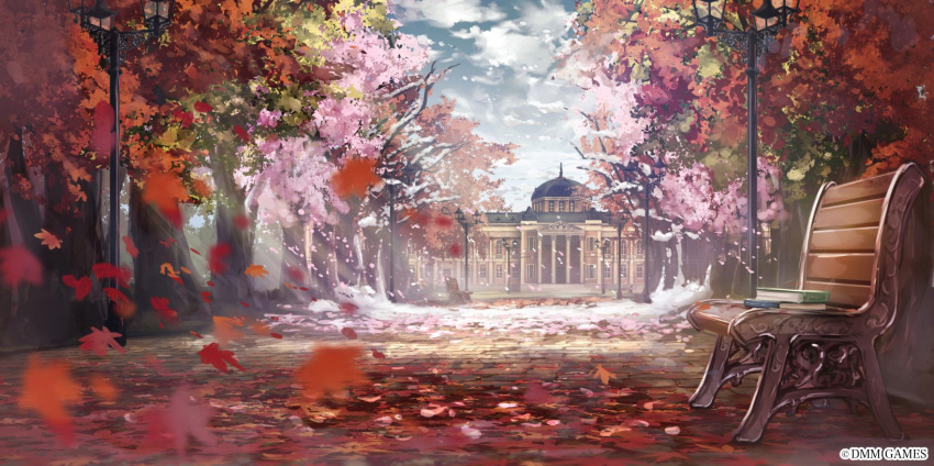 autumn_leaves bare_tree bench blurry book building bungou_to_alchemist cherry_blossoms clouds copyright day depth_of_field falling_leaves falling_petals flower highres lamppost leaf light_rays no_humans official_art outdoors park_bench pavement petals pink_flower scenery seasons sett snow snowing sunlight third-party_source tree